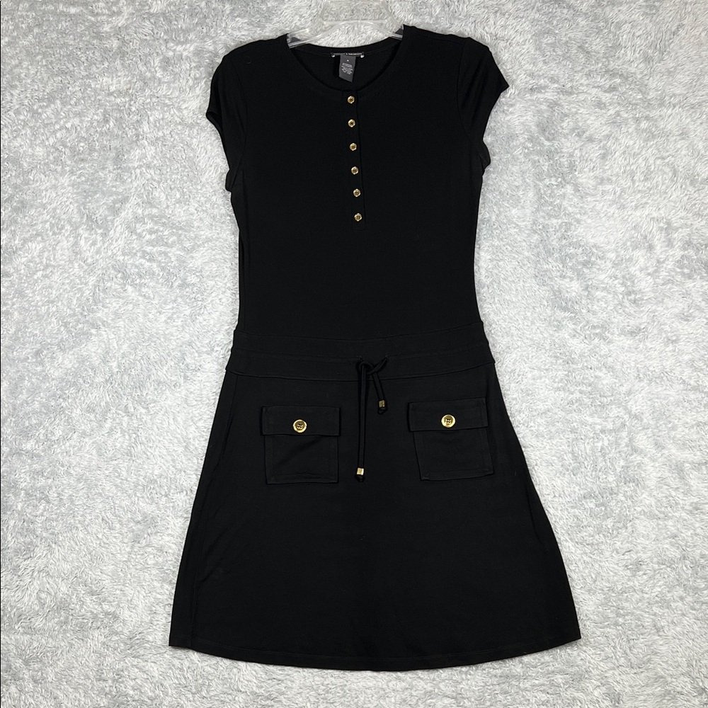 Chelsea & Theodore Black Mini Dress with Gold Buttons
